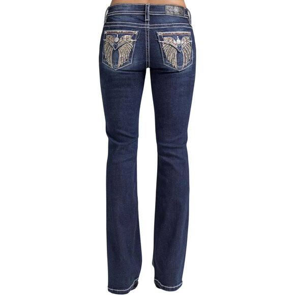 Women s Embellished Faux Flap Pockets Bootcut Jeans Mid-Rise | Versatile Style - Picture 1 of 4